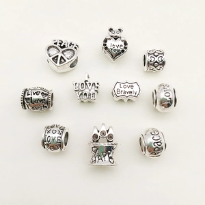 Retro Alloy Large Hole Charm Beads Heart Peace Love Engraved Antique Silver Spacer Beads For DIY Bracelet Jewelry Making