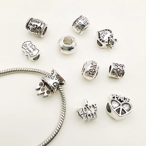 DIY silver leaf and heart large hole beads set with engraved snake chain bracelet