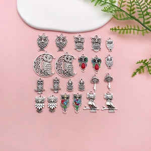 Detailed collection of antique silver owl pendants with colorful rhinestones for DIY jewelry