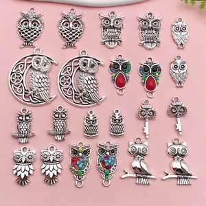 Owl Pendant Vintage Antique Silver Zinc Alloy Moon Key Charms Colorful Enamel Rhinestone Accessories For DIY Jewelry Necklace Crafting