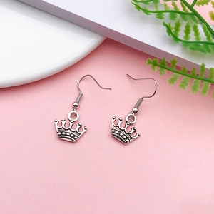 Pair of antique silver crown charm earrings with fish hook wires in a retro hollow design