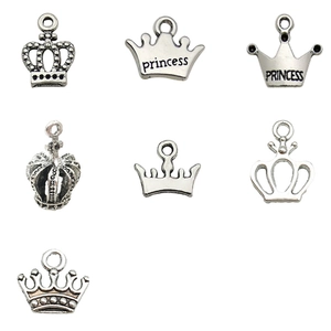 Antique silver crown charm set for jewelry making including 7 diverse tiara designs