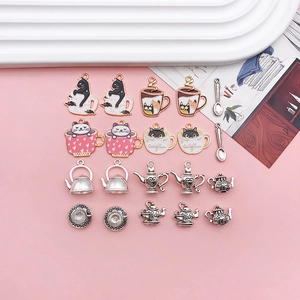 Collection of DIY alloy cat teacup charms in colorful enamel and antique silver finish