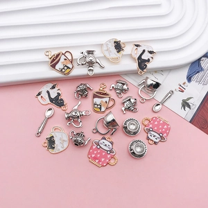 Cute enamel cat tea cup charms and teapot pendants for DIY jewelry crafting projects