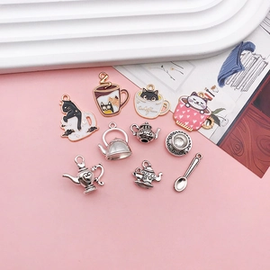 Cute DIY enamel cat teacup and coffee charms for handmade jewelry making necklaces