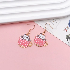 Cute pink tea cup cat enamel dangle earrings for women with lovely kitten pendant design