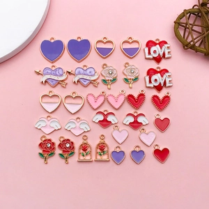 Detailed collection of heart and rose enamel alloy charms for DIY jewelry making
