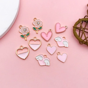 Pink enamel heart charms and rose pendants with gold plating for DIY jewelry making