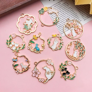 Vintage Alloy Enamel Cat Pendant For DIY Jewelry Making Cherry Blossom Butterfly Hollow Design Rhinestone Charm Accessories