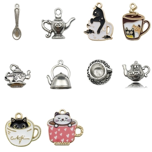 Cute teacup cat alloy pendant in gold and enamel finish for DIY jewelry making