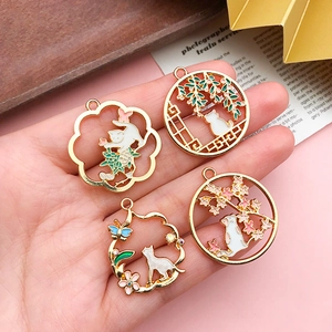 Chinese style gold hollow cat pendants with colorful oil drip for DIY jewelry making