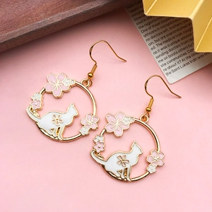 Japanese style S925 silver cat and cherry blossom gold hoop earrings for women