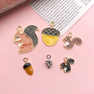 Handmade DIY jewelry charms set with squirrel, acorn and pine cone enamel alloy designs