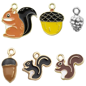 Autumn squirrel and acorn alloy enamel pendant set for DIY jewelry and keychains