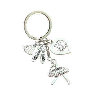 Silver ballet dancer keychain featuring pointe shoes, tutu and 'I Love Ballet' heart charm