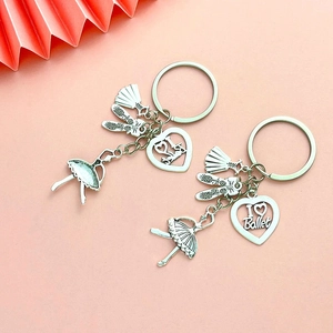 Antique Silver Zinc Alloy Ballet Dancer Keychain With Ballet Shoes Tutu Heart Pendant Key Ring Women Girls Artistic Dance Gift