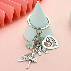Silver ballet keychain featuring dancing girl, ballet shoes and I Love Ballet heart charm