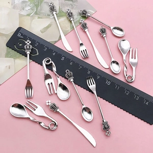 Miniature silver crown-topped cutlery charms including spoon fork and knife for DIY jewelry