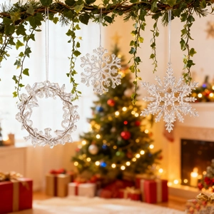 Clear acrylic Christmas wreath and snowflake ornaments hanging on festive green ivy vine