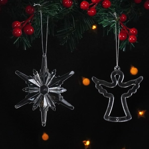 Set of clear acrylic snowflake and angel ornaments with silver strings for holiday decor