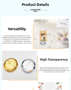 Macro view of crystal diamond card holder with metal spiral clip for wedding table decor