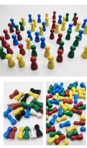 Detailed view of colorful human-shaped acrylic game pieces for tabletop board games