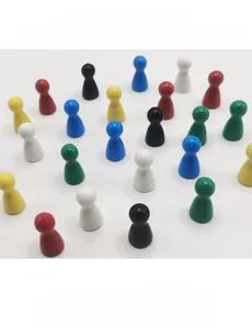 Macro shot of colorful plastic meeple game pawns for board games and early education