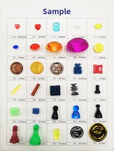 Detailed catalog showing resin game pieces and house tokens with specific size dimensions