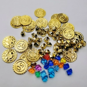 Golden pirate coins with skull pattern and colorful resin gem accessories for board games