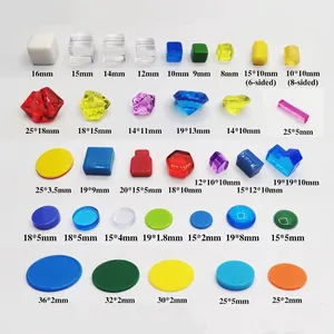 Size chart for colorful resin game pieces including cubes, hexagons, and gems