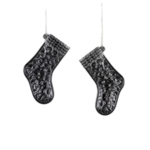 Set of two vintage black and silver metal hollowed-out Christmas stocking hanging ornaments