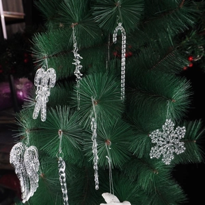 Clear acrylic Christmas tree ornaments featuring snowflake, candy cane and icicle designs