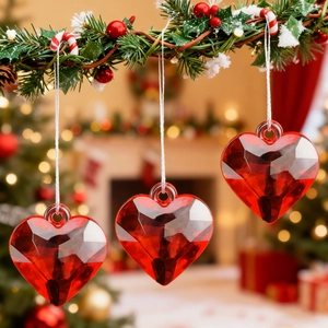 Faceted red heart ornaments set hanging on a festive wreath with warm bokeh background