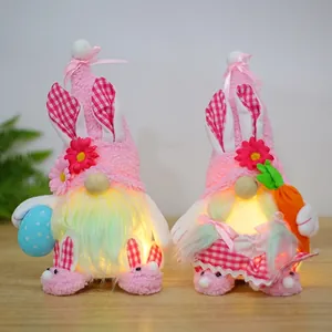 Easter Pink Gnome Plush Doll With Rabbit Ears Light Up Bunny Holding Egg Carrot Easter Decoration For Home Spring Party