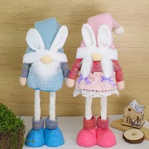 Plush Easter long-legged gnomes with bunny ears in pink and blue for home party decor