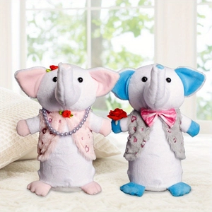 Pink and blue couple elephant plush dolls with glowing lights for Valentine gift