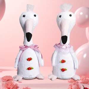 Cute Glowing Flamingo Plush Toy With Bowknot Lace Rose Decor White Long Neck Bird Stuffed Animal For Home Valentine's Day Gift