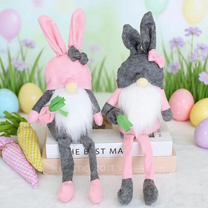Detail showing two plush Easter bunny gnomes with long legs and soft knitted bunny ears