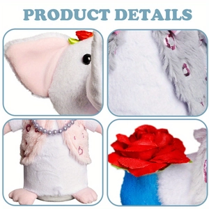 Detail view of plush elephant showing faux fur vest, pearl necklace and red rose decoration