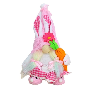 Pink Easter gnome plush with bunny ears holding carrot and LED lights decoration