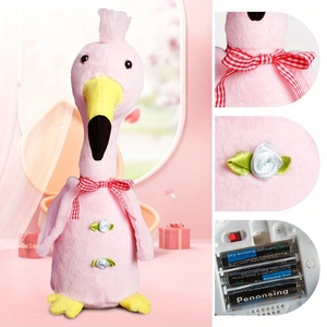 Detailed views of pink plush flamingo toy showing bow, battery compartment and soft fabric