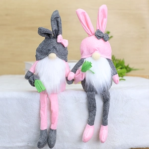 Pink and grey Easter gnome plush dolls with long rabbit ears and felt carrots