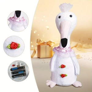 Detail view of white plush flamingo with lace collar, roses, and battery compartment