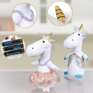 Detailed view of the unicorn plush toy battery compartment and sequin dress accessories