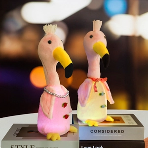 Luminous pink flamingo plush toys with LED lights and rose accessories for home decor