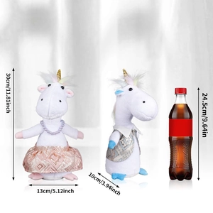 Plush unicorn and hippo figures in pearl dresses with height comparison 30cm scale