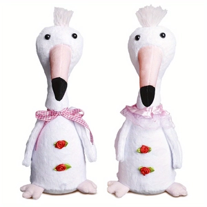 Pair of plush white flamingo dolls with fluffy hair and cute bow ties for home decoration