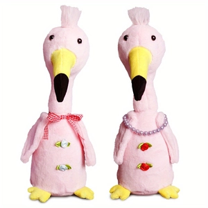 Pink flamingo plush toy set with LED lights, bow and pearl necklace for home decor