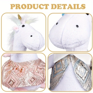 Detailed close-up of unicorn plush toy featuring gold horn and sequin dress details