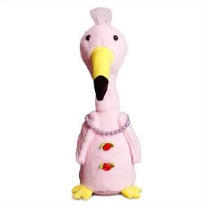 Detailed view of pink plush flamingo toy with purple pearl necklace and rose accents